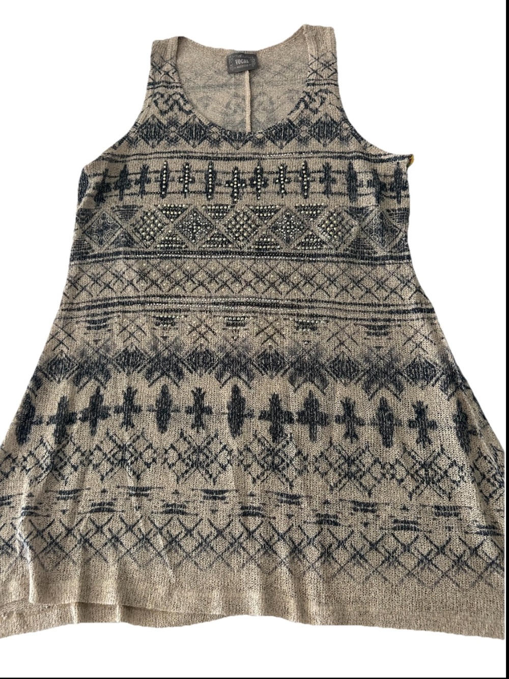 NWT Vocal Women's XL Jeweled Crystals Taupe W Aztec Western Print Tank Top